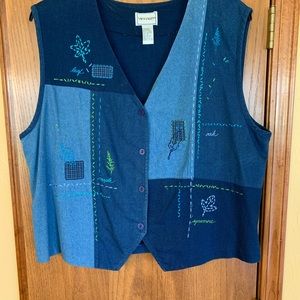 Vntg Napa Valley Blue Button Up Denim Embroidered Cloth Patchwork Vest 
Size 1X